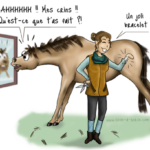 Dessin fille coupe des crins cheval