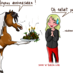 dessin cheval qui offre un gateau de crottin
